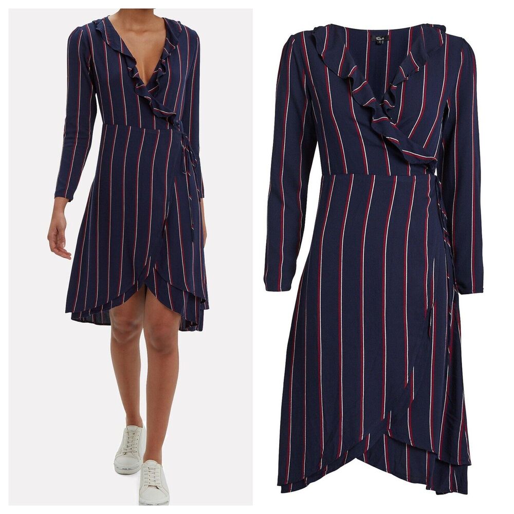 RAILS Womens Priya Striped Ruffle Wrap Dress V-neck Long Sleeve Navy XS NWT